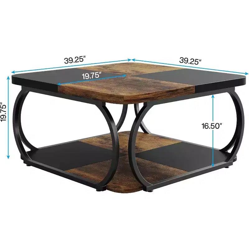 40-Inch Square Coffee Table with 2 Tiers, Low Farmhouse Table with Storage Shelf for Living Room, Black Rustic Brown
