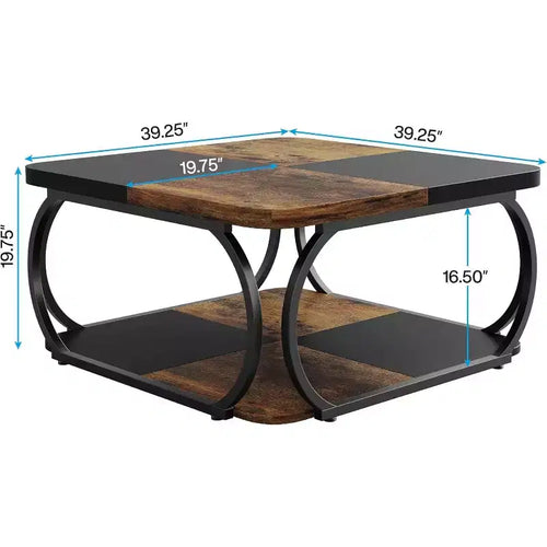 Table basse carrée de 40 pouces à 2 niveaux, table basse de style ferme avec étagère de rangement pour salon, marron rustique noir