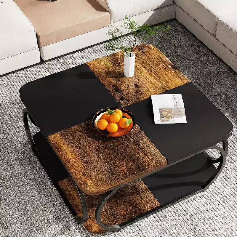 40-Inch Square Coffee Table with 2 Tiers, Low Farmhouse Table with Storage Shelf for Living Room, Black Rustic Brown