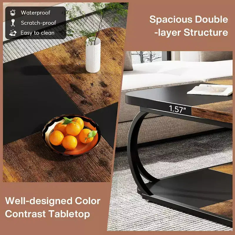 40-Inch Square Coffee Table with 2 Tiers, Low Farmhouse Table with Storage Shelf for Living Room, Black Rustic Brown