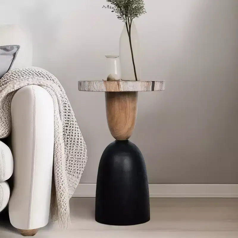 Modern End Table, Side Table, or Small Night Stand for Home Decor - Round Petrified Wood Bedside Table for Home, Bedroom, or Room - 20 Brown & Black