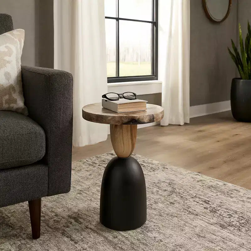 Modern End Table, Side Table, or Small Night Stand for Home Decor - Round Petrified Wood Bedside Table for Home, Bedroom, or Room - 20 Brown & Black