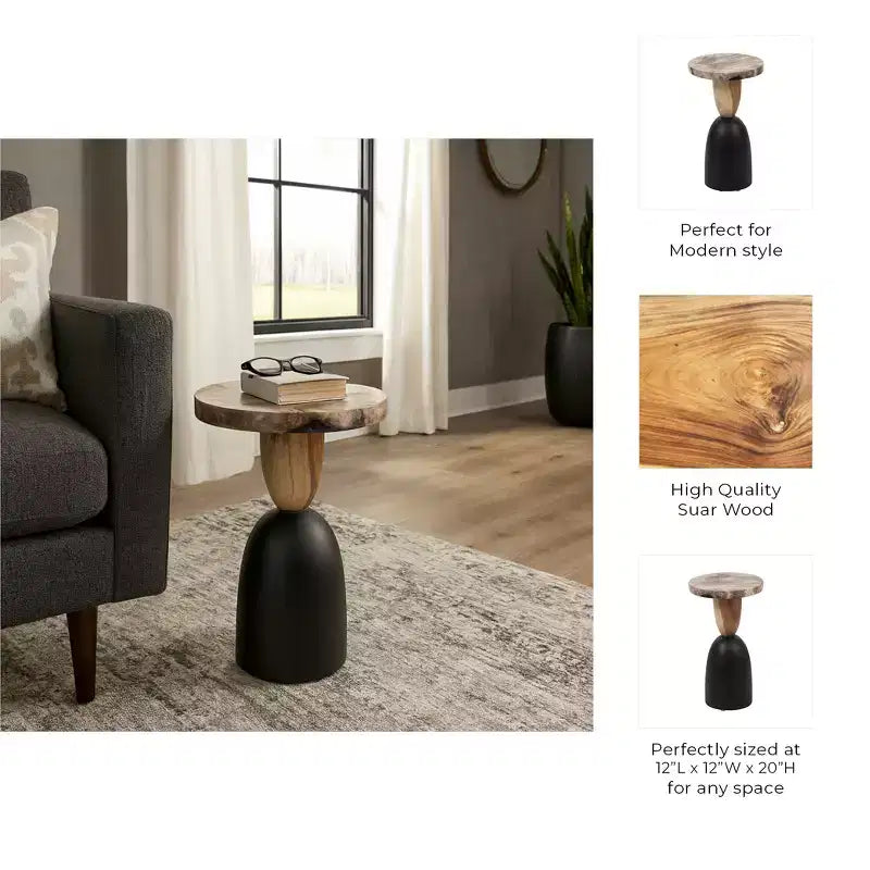 Modern End Table, Side Table, or Small Night Stand for Home Decor - Round Petrified Wood Bedside Table for Home, Bedroom, or Room - 20 Brown & Black