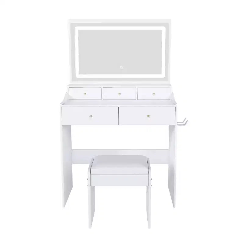 Large Mirror Vanity Desk with Power Outlet, 5 Drawers, 3 Lighting Modes, White