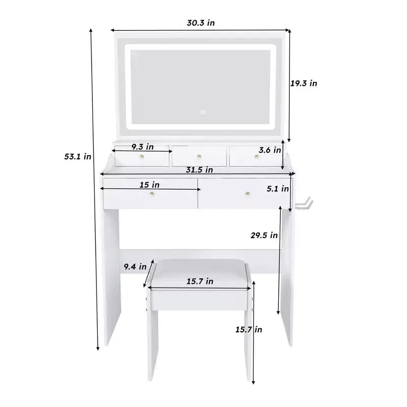 Large Mirror Vanity Desk with Power Outlet, 5 Drawers, 3 Lighting Modes, White