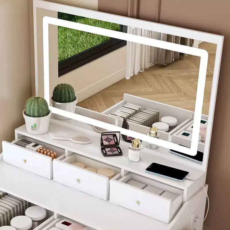 Large Mirror Vanity Desk with Power Outlet, 5 Drawers, 3 Lighting Modes, White