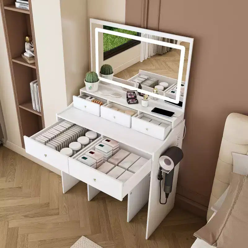 Large Mirror Vanity Desk with Power Outlet, 5 Drawers, 3 Lighting Modes, White