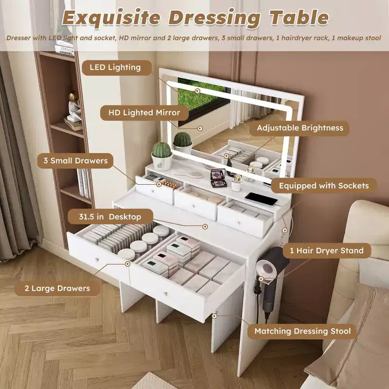 Large Mirror Vanity Desk with Power Outlet, 5 Drawers, 3 Lighting Modes, White