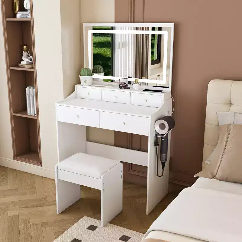 Large Mirror Vanity Desk with Power Outlet, 5 Drawers, 3 Lighting Modes, White