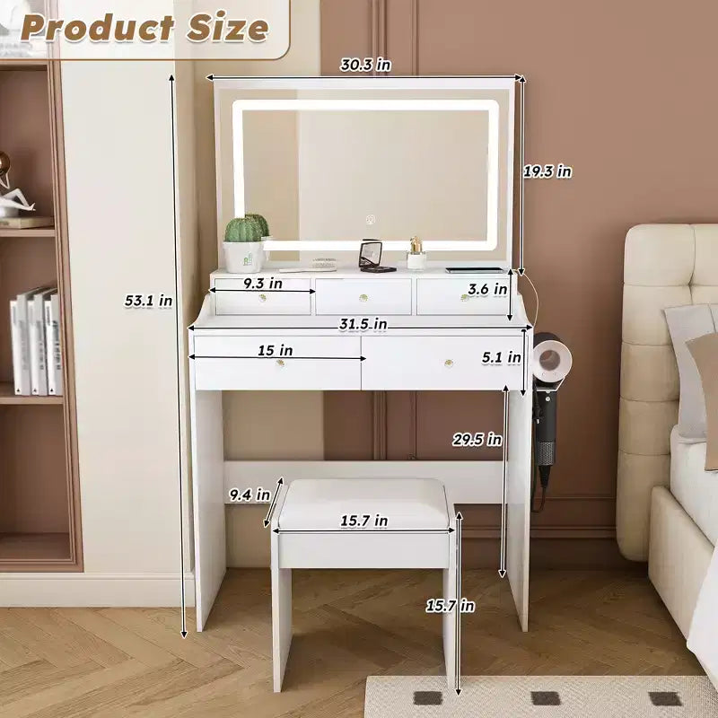 Large Mirror Vanity Desk with Power Outlet, 5 Drawers, 3 Lighting Modes, White