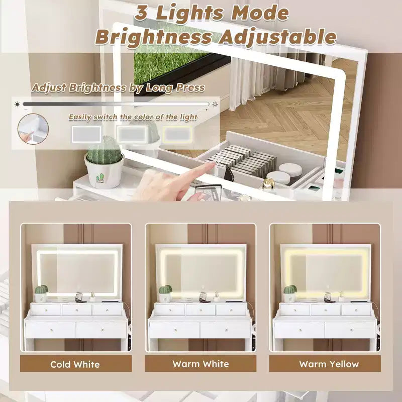 Large Mirror Vanity Desk with Power Outlet, 5 Drawers, 3 Lighting Modes, White