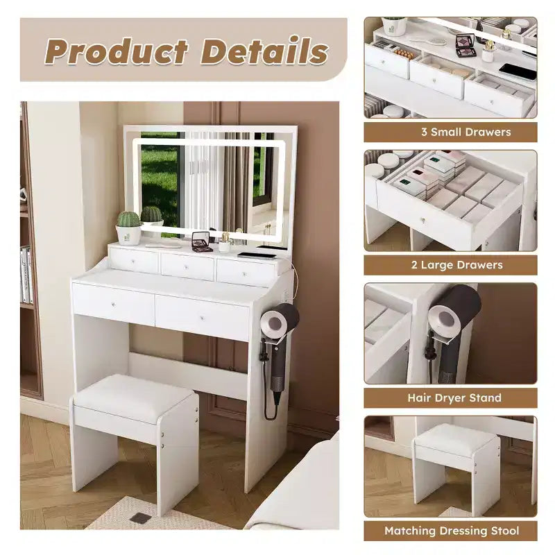 Large Mirror Vanity Desk with Power Outlet, 5 Drawers, 3 Lighting Modes, White