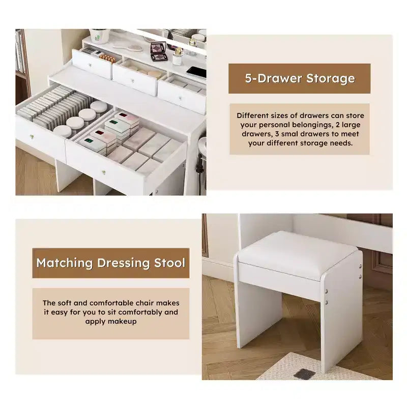 Large Mirror Vanity Desk with Power Outlet, 5 Drawers, 3 Lighting Modes, White