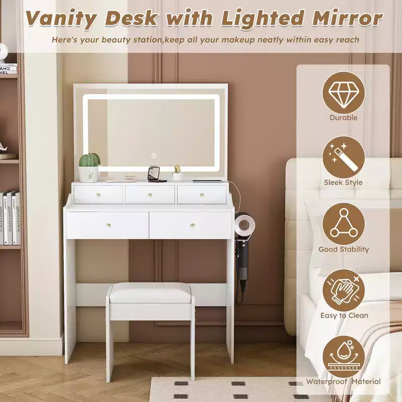Large Mirror Vanity Desk with Power Outlet, 5 Drawers, 3 Lighting Modes, White