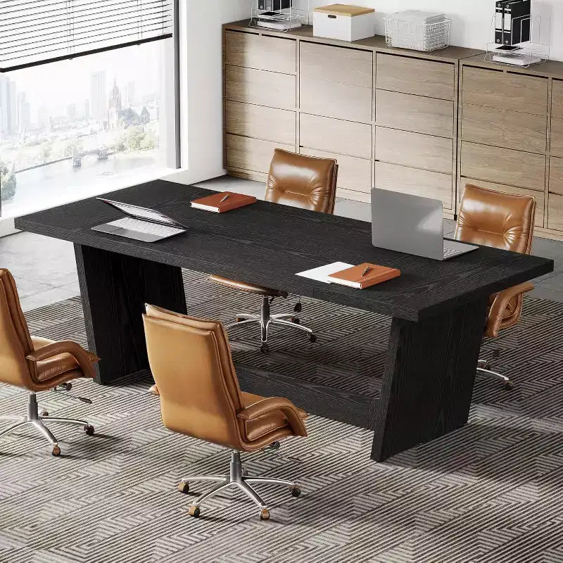Lantine 6 FT Rectangular Conference Table, 71 Executive Desk for 6-8, Wooden Office Boardroom Table with Heavy-Duty Pedestal Base, Black