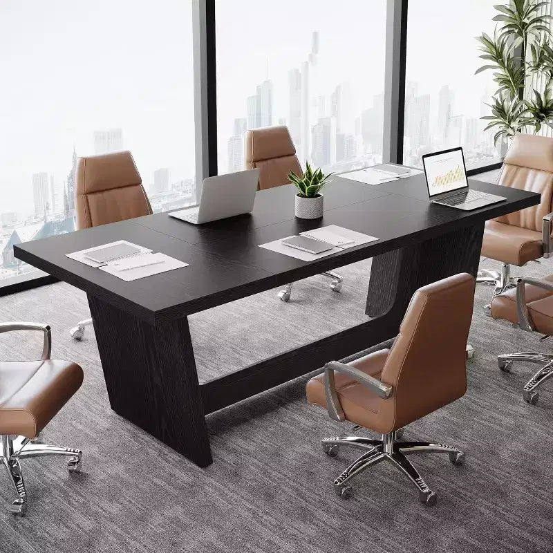 6 FT Rectangular Conference Table, 71 Executive Desk for 6-8, Wooden Office Boardroom Table with Heavy-Duty Pedestal Base, Black