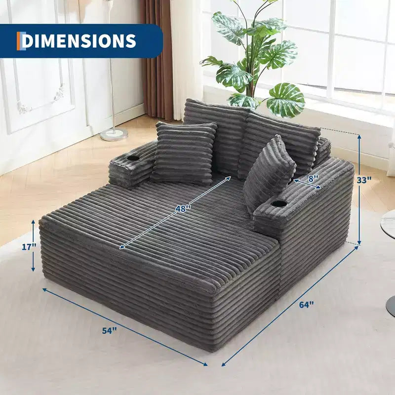 64 Chaise Lounge Chair Indoor, Corduroy Upholstered Boneless Sofa Bed with 2 Pillows & 2 Cup Holders, No Assembly, Deep Seat Sleeper Couch Chairs