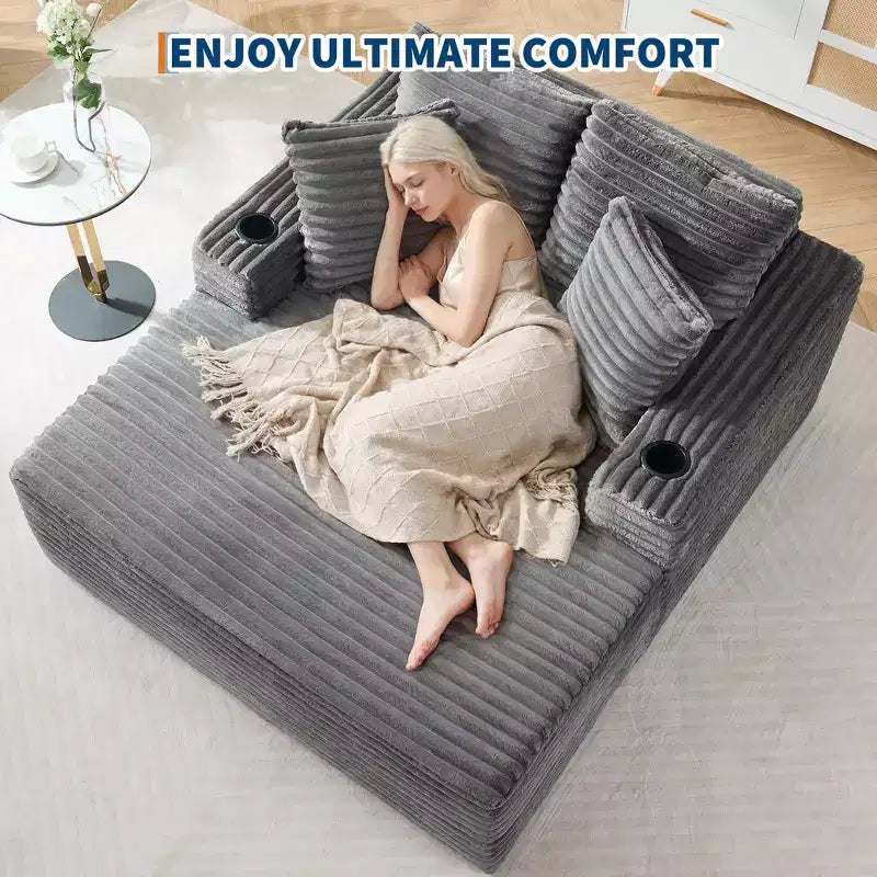 64 Chaise Lounge Chair Indoor, Corduroy Upholstered Boneless Sofa Bed with 2 Pillows & 2 Cup Holders, No Assembly, Deep Seat Sleeper Couch Chairs