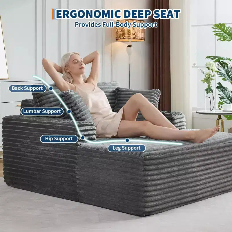 64 Chaise Lounge Chair Indoor, Corduroy Upholstered Boneless Sofa Bed with 2 Pillows & 2 Cup Holders, No Assembly, Deep Seat Sleeper Couch Chairs