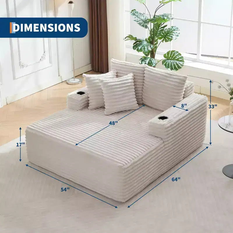 64 Chaise Lounge Chair Indoor, Corduroy Upholstered Boneless Sofa Bed with 2 Pillows & 2 Cup Holders, No Assembly, Deep Seat Sleeper Couch Chairs
