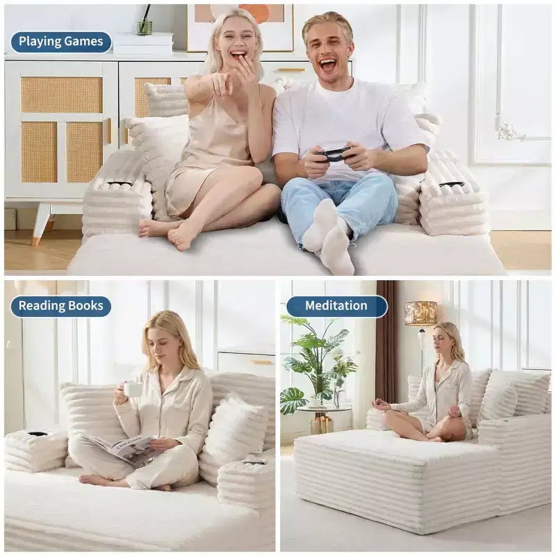 64 Chaise Lounge Chair Indoor, Corduroy Upholstered Boneless Sofa Bed with 2 Pillows & 2 Cup Holders, No Assembly, Deep Seat Sleeper Couch Chairs