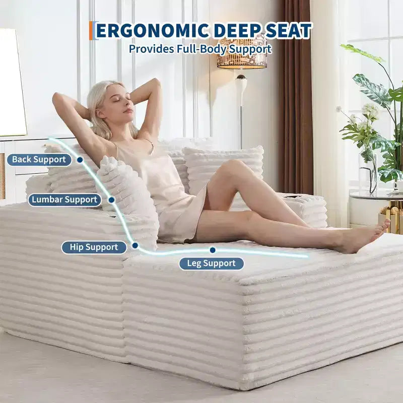 64 Chaise Lounge Chair Indoor, Corduroy Upholstered Boneless Sofa Bed with 2 Pillows & 2 Cup Holders, No Assembly, Deep Seat Sleeper Couch Chairs