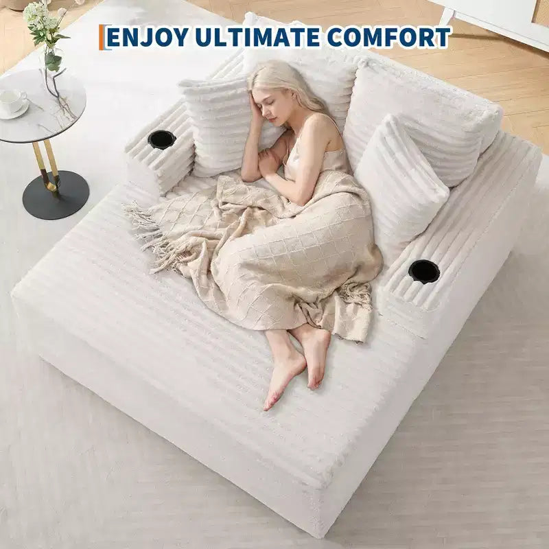 64 Chaise Lounge Chair Indoor, Corduroy Upholstered Boneless Sofa Bed with 2 Pillows & 2 Cup Holders, No Assembly, Deep Seat Sleeper Couch Chairs