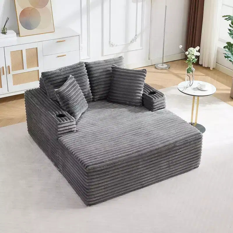 64 Chaise Lounge Chair Indoor, Corduroy Upholstered Boneless Sofa Bed with 2 Pillows & 2 Cup Holders, No Assembly, Deep Seat Sleeper Couch Chairs