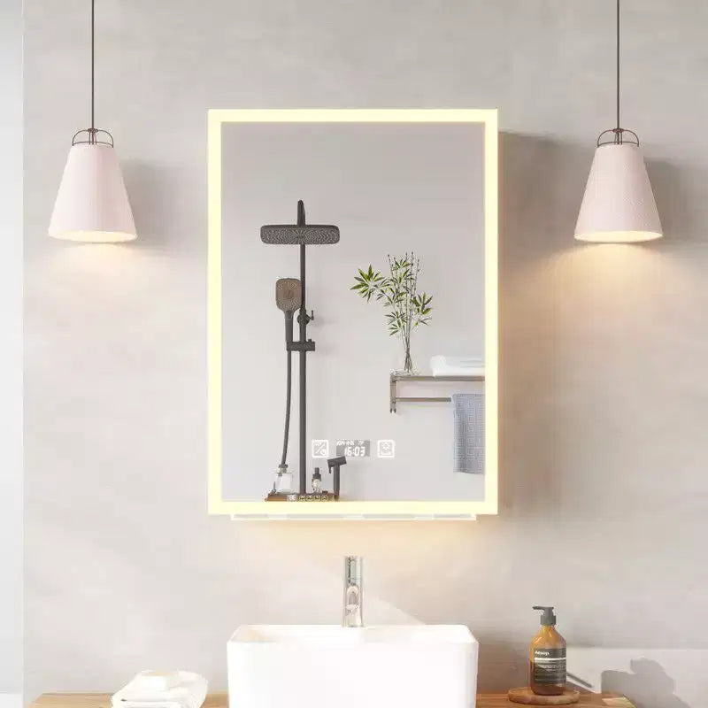 Karl Home White LED Mirror Cabinet Acrylic Frame with Time & Temperature Display Three-color Lighting, 2 Plugs & 2 USB