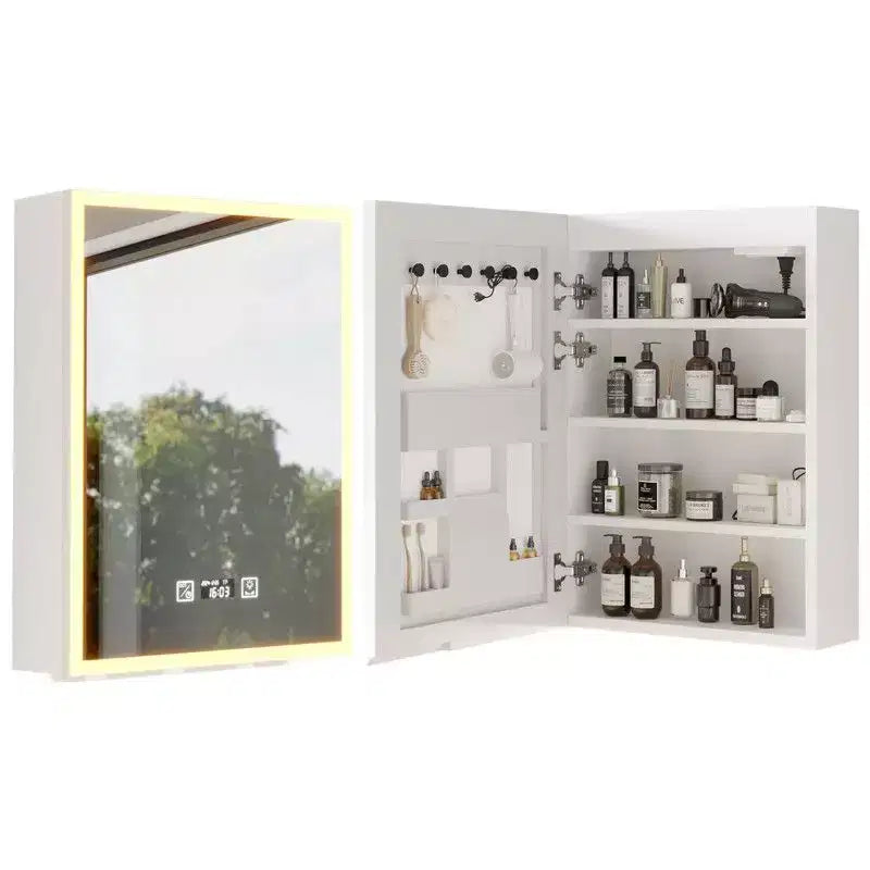 White LED Mirror Cabinet Acrylic Frame with Time & Temperature Display Three-color Lighting, 2 Plugs & 2 USB