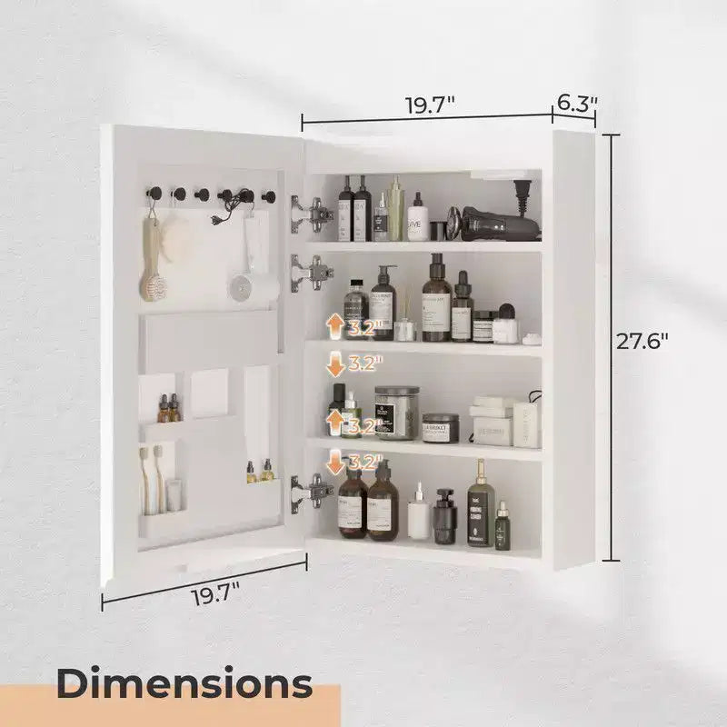 White LED Mirror Cabinet Acrylic Frame with Time & Temperature Display Three-color Lighting, 2 Plugs & 2 USB