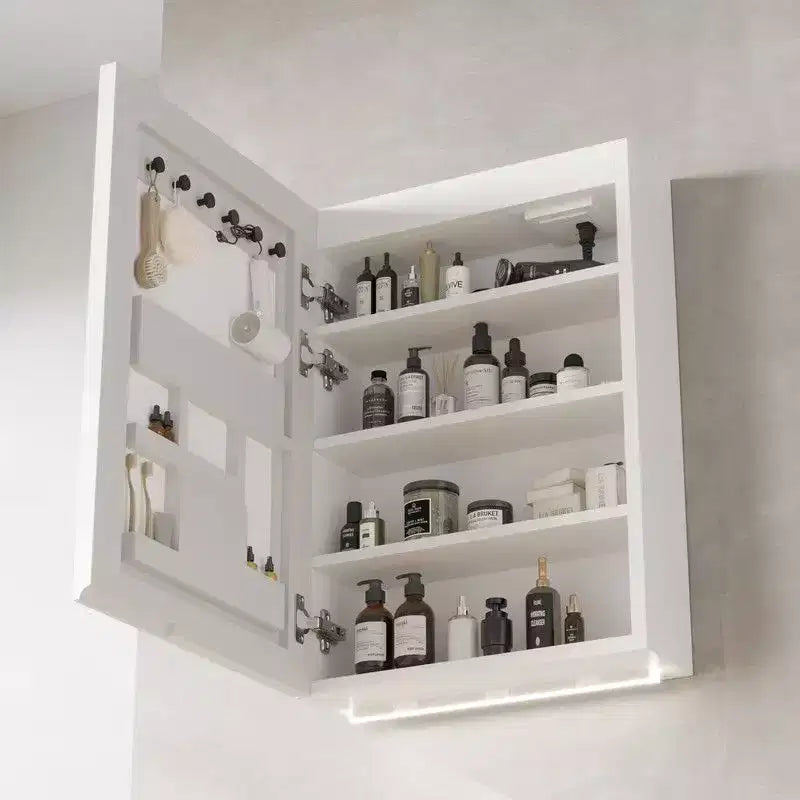 White LED Mirror Cabinet Acrylic Frame with Time & Temperature Display Three-color Lighting, 2 Plugs & 2 USB