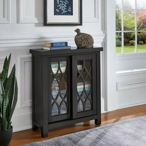2-Door Storage Cabinet with Glass Doors – Adjustable Shelf Display Cabinet for Living Room, Bedroom or Hallway