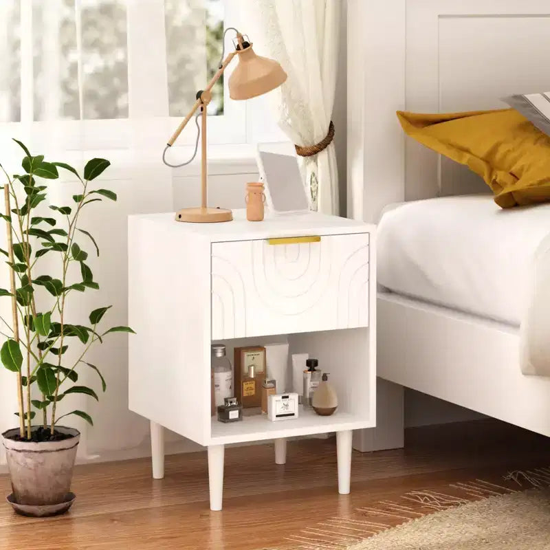 JVNOXK 22.83 Inch Modern Nightstand with One Spacious Drawer and Open Shelf, Gold Decorative Handle, for Bedroom & Living Room, White