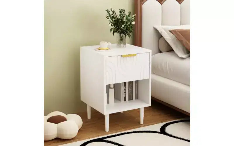22.83 Inch Modern Nightstand with One Spacious Drawer and Open Shelf, Gold Decorative Handle, for Bedroom & Living Room, White