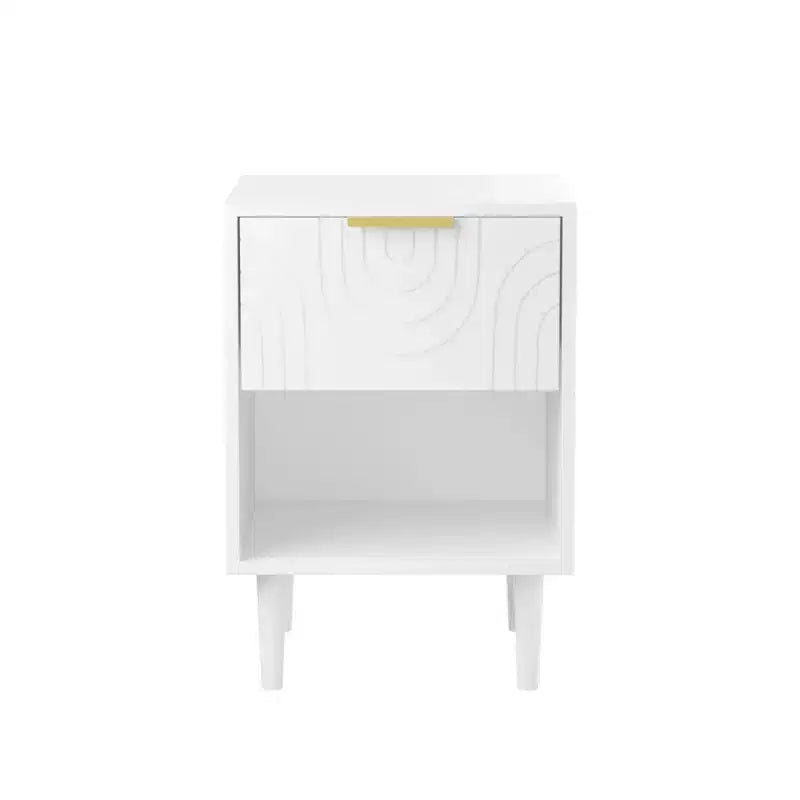 22.83 Inch Modern Nightstand with One Spacious Drawer and Open Shelf, Gold Decorative Handle, for Bedroom & Living Room, White