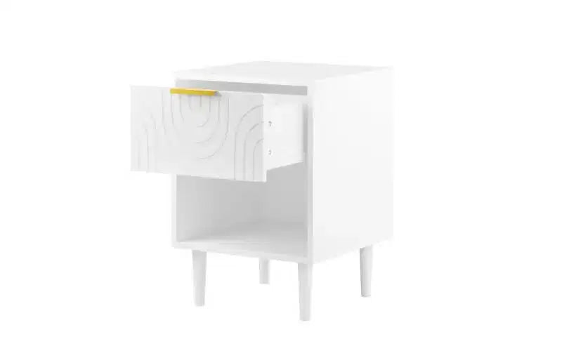 22.83 Inch Modern Nightstand with One Spacious Drawer and Open Shelf, Gold Decorative Handle, for Bedroom & Living Room, White