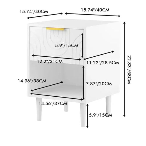 22.83 Inch Modern Nightstand with One Spacious Drawer and Open Shelf, Gold Decorative Handle, for Bedroom & Living Room, White