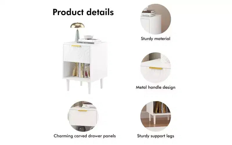 22.83 Inch Modern Nightstand with One Spacious Drawer and Open Shelf, Gold Decorative Handle, for Bedroom & Living Room, White