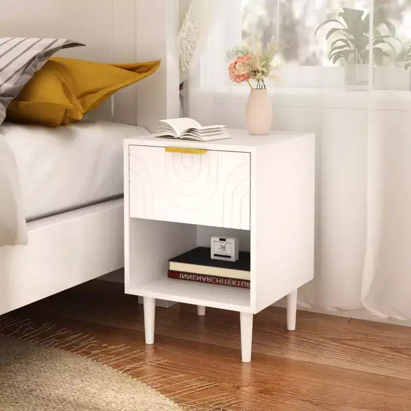22.83 Inch Modern Nightstand with One Spacious Drawer and Open Shelf, Gold Decorative Handle, for Bedroom & Living Room, White