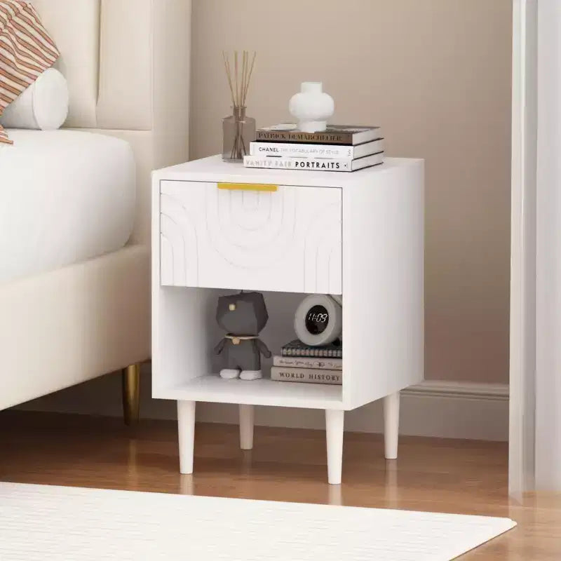 22.83 Inch Modern Nightstand with One Spacious Drawer and Open Shelf, Gold Decorative Handle, for Bedroom & Living Room, White