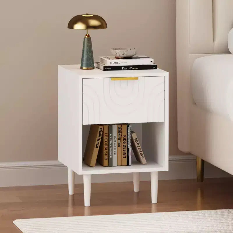 22.83 Inch Modern Nightstand with One Spacious Drawer and Open Shelf, Gold Decorative Handle, for Bedroom & Living Room, White