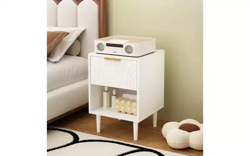 22.83 Inch Modern Nightstand with One Spacious Drawer and Open Shelf, Gold Decorative Handle, for Bedroom & Living Room, White