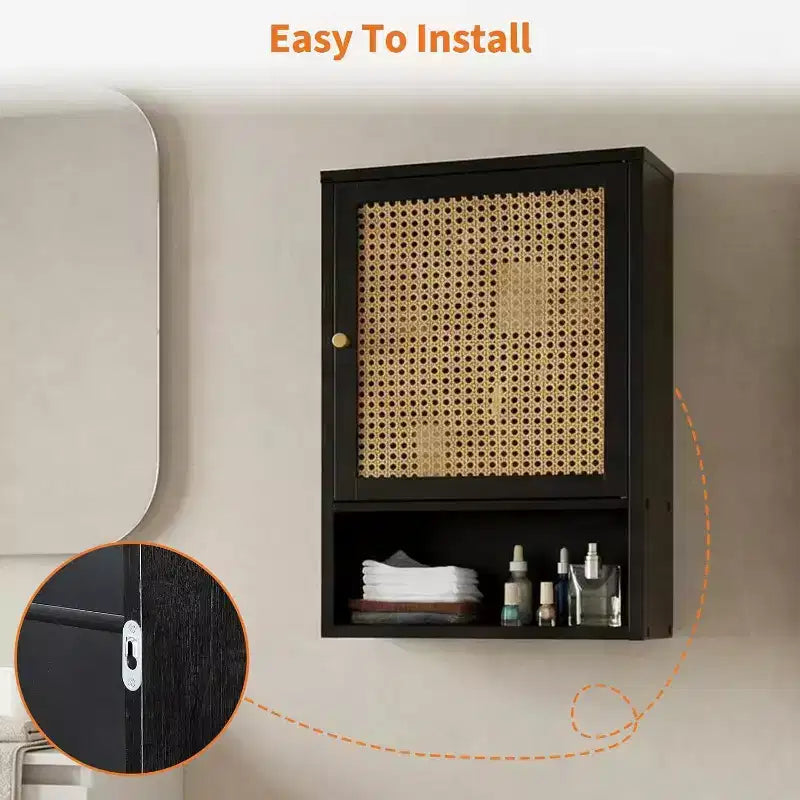 Bathroom Wall Cabinet, Above Toilet Storage Cabinet Bamboo Medicine Cabinets Wall Mount with Rattan Doors and Adjustable Shelf, for Living Room
