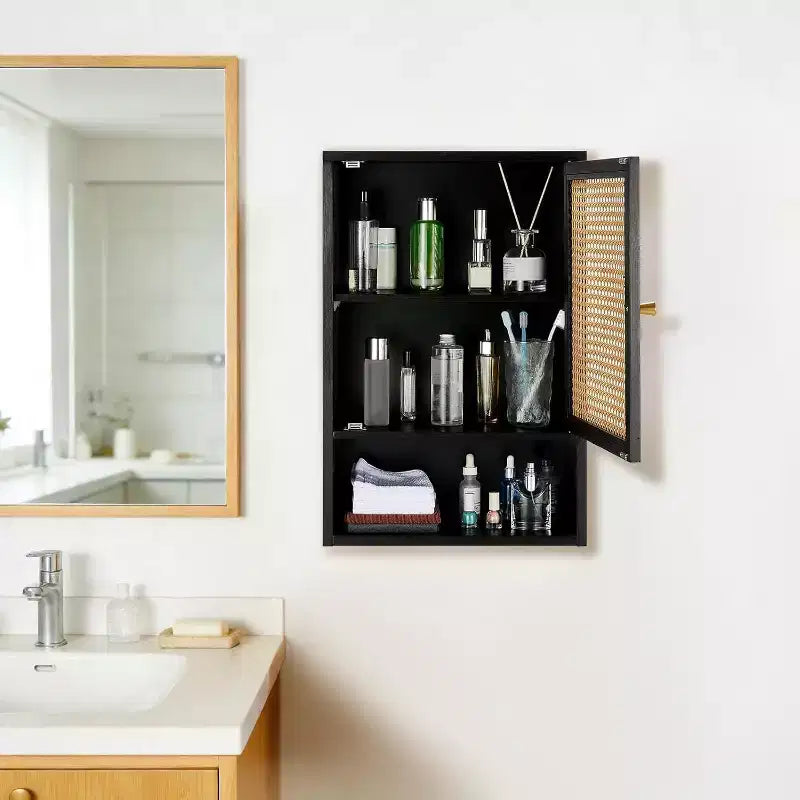 Bathroom Wall Cabinet, Above Toilet Storage Cabinet Bamboo Medicine Cabinets Wall Mount with Rattan Doors and Adjustable Shelf, for Living Room