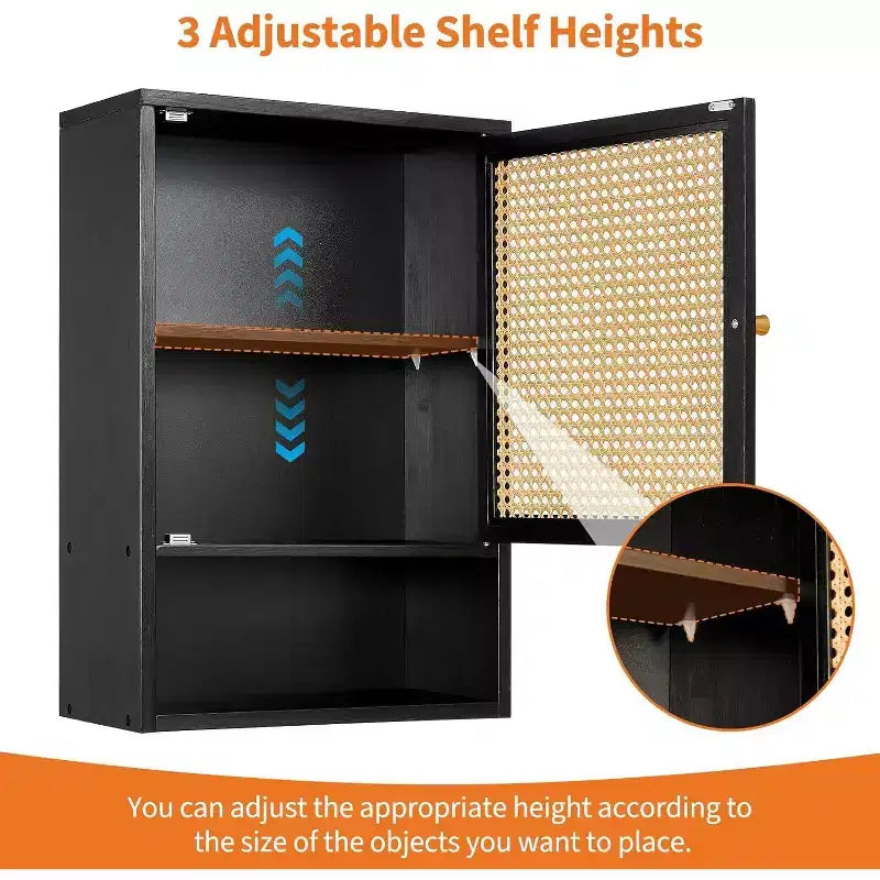 Bathroom Wall Cabinet, Above Toilet Storage Cabinet Bamboo Medicine Cabinets Wall Mount with Rattan Doors and Adjustable Shelf, for Living Room