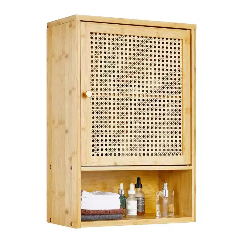 Bathroom Wall Cabinet, Above Toilet Storage Cabinet Bamboo Medicine Cabinets Wall Mount with Rattan Doors and Adjustable Shelf, for Living Room