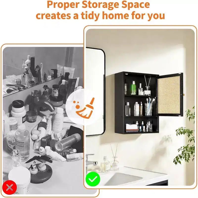 Bathroom Wall Cabinet, Above Toilet Storage Cabinet Bamboo Medicine Cabinets Wall Mount with Rattan Doors and Adjustable Shelf, for Living Room