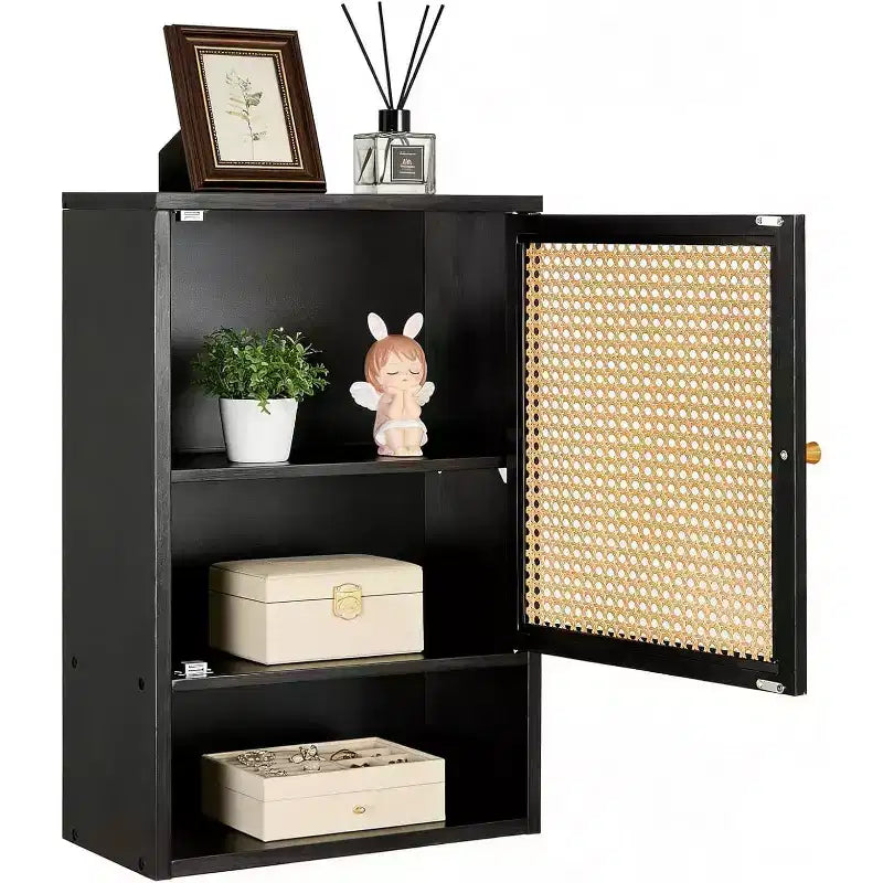 Bathroom Wall Cabinet, Above Toilet Storage Cabinet Bamboo Medicine Cabinets Wall Mount with Rattan Doors and Adjustable Shelf, for Living Room