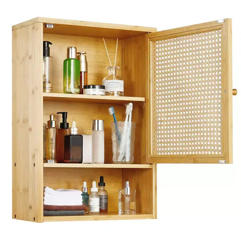 Bathroom Wall Cabinet, Above Toilet Storage Cabinet Bamboo Medicine Cabinets Wall Mount with Rattan Doors and Adjustable Shelf, for Living Room